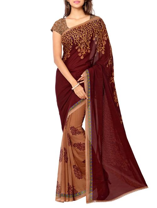 maroon printed saree with blouse - 12493662 - Very Small Image - 1