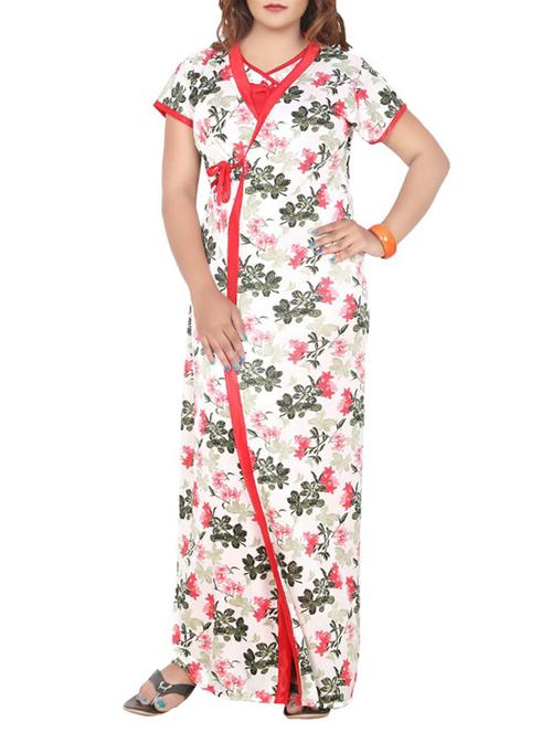 red floral printed satin nighty - 12495457 - Very Small Image - 1