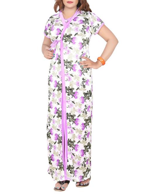 light purple floral printed satin nighty - 12495459 - Very Small Image - 1