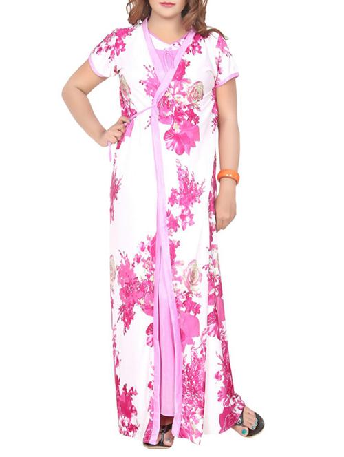 pink floral printed satin nighty - 12495465 - Very Small Image - 1