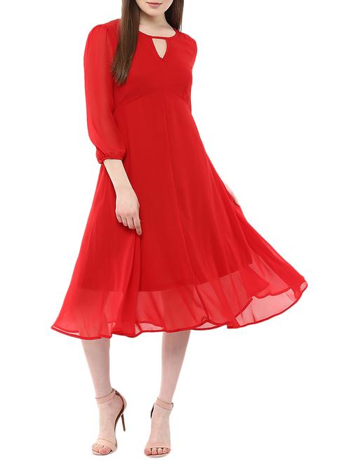 key hole neck solid fit & flare dress - 12503102 - Very Small Image - 1