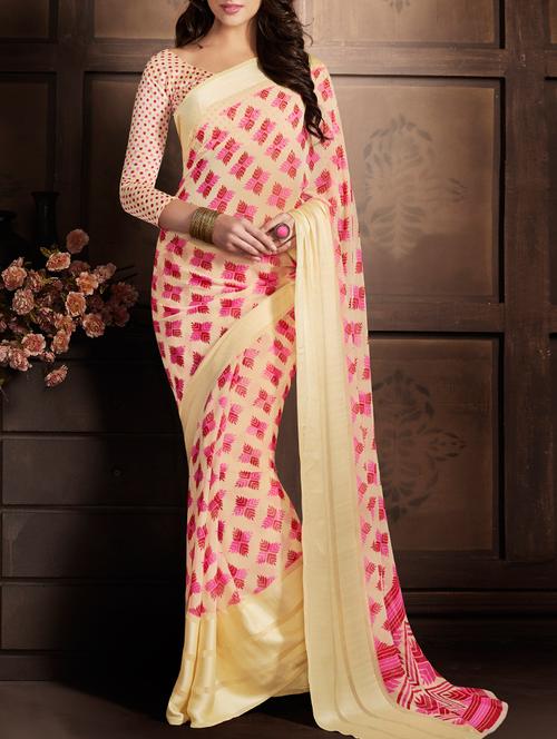 cream printed saree with blouse - 12503302 - Very Small Image - 1