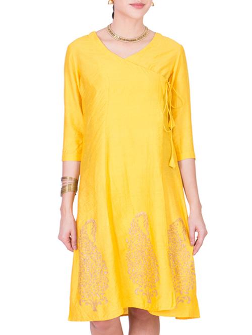 yellow printed cotton wrap dress - 12510188 - Very Small Image - 1