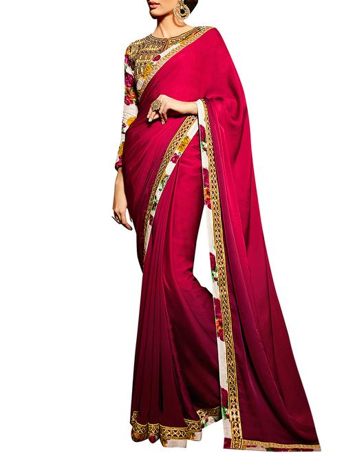 red satin saree with blouse - 12516011 - Very Small Image - 1