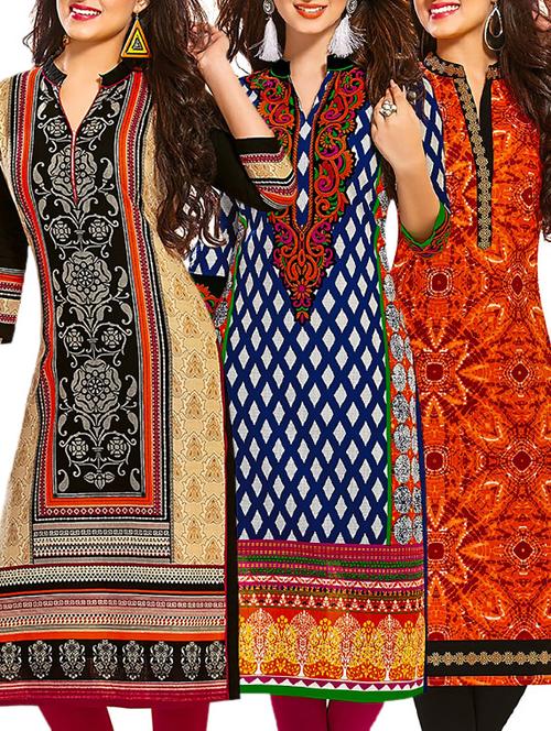 multi coloured cotton printed unstitched kurtas (set of 3) - 12521606 - Very Small Image - 1