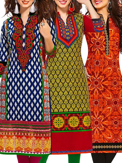 multi coloured cotton printed unstitched kurtas (set of 3) - 12521613 - Very Small Image - 1