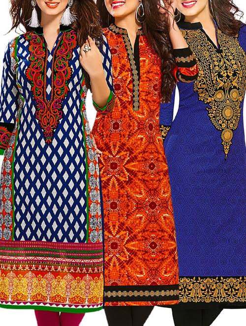 multi colored cotton printed unstitched kurtas (set of 3) - 12521615 - Very Small Image - 1