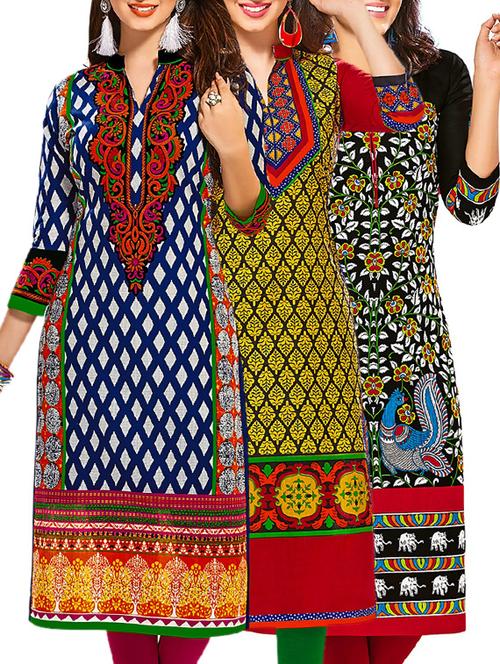 multi coloured cotton printed unstitched kurtas (set of 3) - 12521642 - Very Small Image - 1