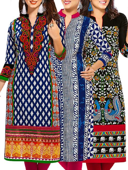 multi coloured cotton printed unstitched kurtas (set of 3) - 12521649 - Very Small Image - 1