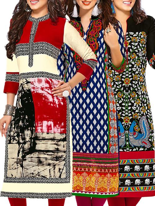 multi coloured cotton printed unstitched kurtas (set of 3) - 12521651 - Very Small Image - 1