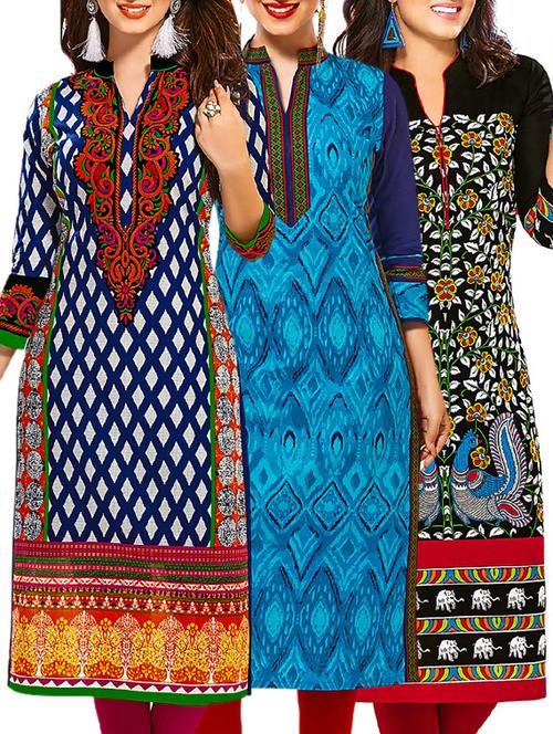 multi colored cotton printed unstitched kurtas (set of 3) - 12521656 - Very Small Image - 1