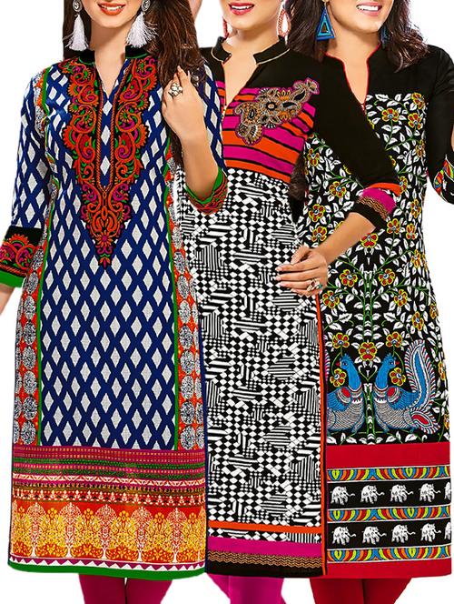 multi coloured cotton printed unstitched kurtas (set of 3) - 12521658 - Very Small Image - 1