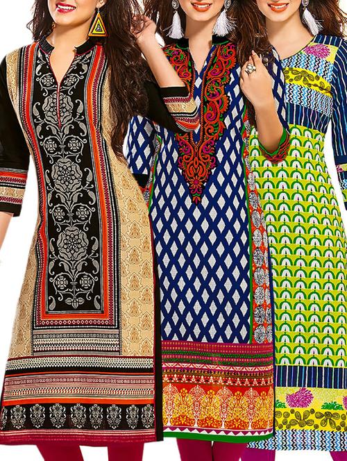 multi coloured cotton printed unstitched kurtas (set of 3) - 12521663 - Very Small Image - 1
