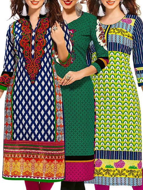 multi coloured cotton printed unstitched kurtas (set of 3) - 12521678 - Very Small Image - 1