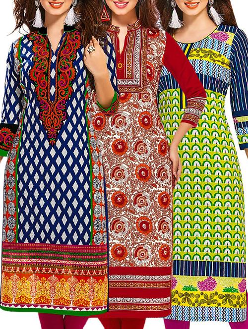 multi colored cotton printed unstitched kurtas (set of 3) - 12521687 - Very Small Image - 1