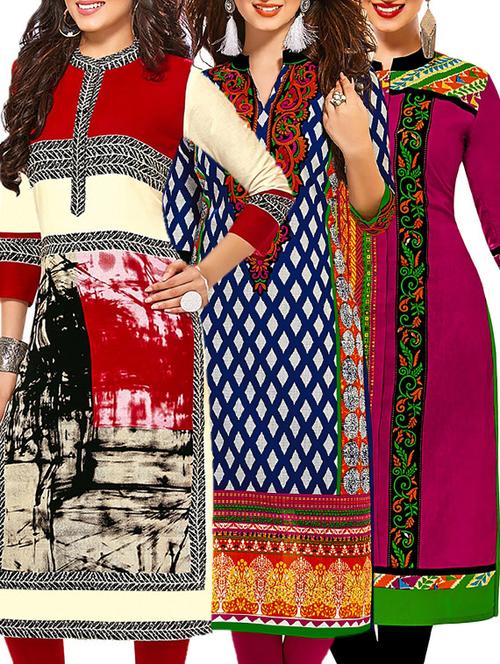 multi colored cotton printed unstitched kurtis (set of 3) - 12521706 - Very Small Image - 1