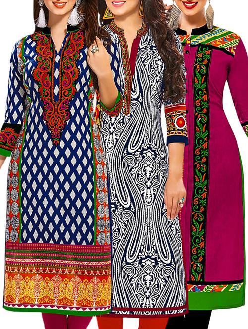 multi coloured cotton printed unstitched kurtas (set of 3) - 12521716 - Very Small Image - 1