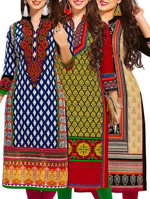 multi coloured cotton printed unstitched kurtas (set of 3) - 12521723 - Very Small Image - 1