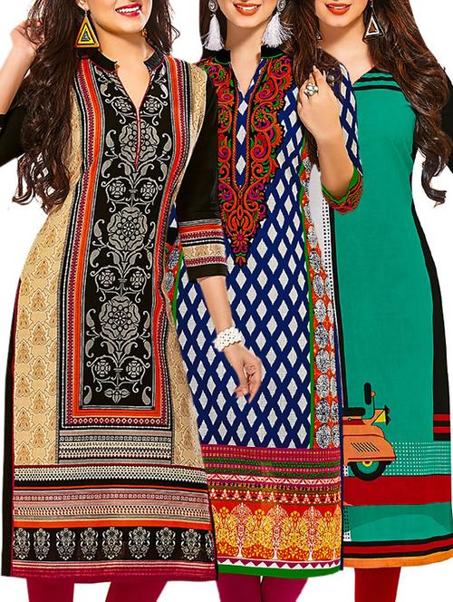 multi colored cotton printed unstitched kurtas (set of 3) - 12521727 - Very Small Image - 1