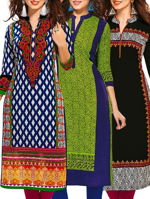 multi colored cotton combos kurti - 12521747 - Very Small Image - 1