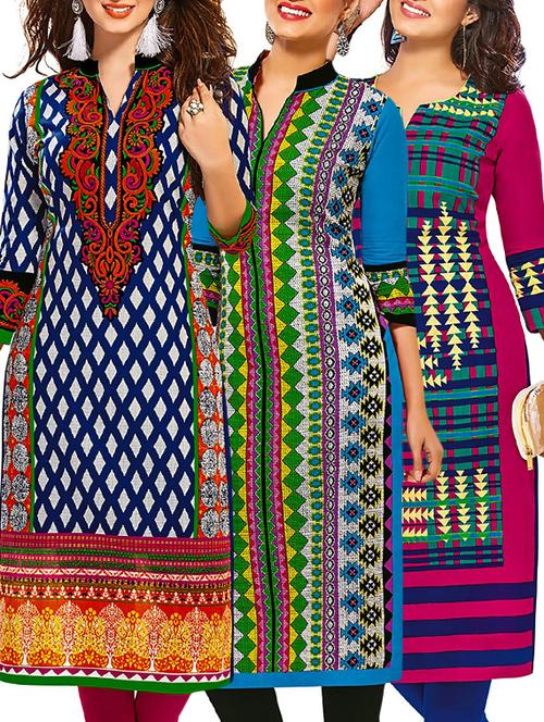 multi colored cotton combos kurti - 12521815 - Very Small Image - 1