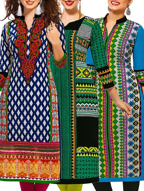 multi colored cotton combos kurti - 12521820 - Very Small Image - 1