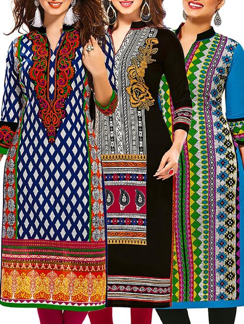 multi colored cotton printed unstitched kurtas (set of 3) - 12521835 - Very Small Image - 1
