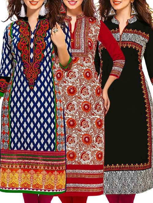multi coloured cotton printed unstitched kurtas (set of 3) - 12521875 - Very Small Image - 1