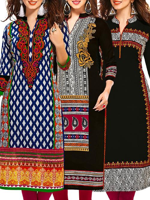 multi coloured cotton printed unstitched kurtas (set of 3) - 12521876 - Very Small Image - 1