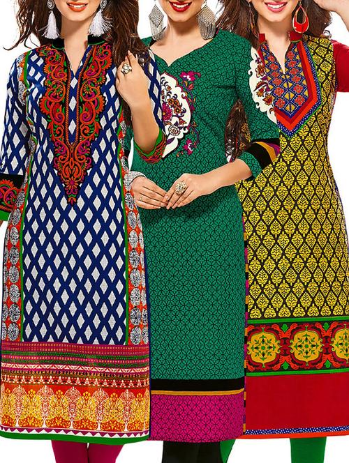 multi colored cotton printed unstitched kurtis (set of 3) - 12521885 - Very Small Image - 1
