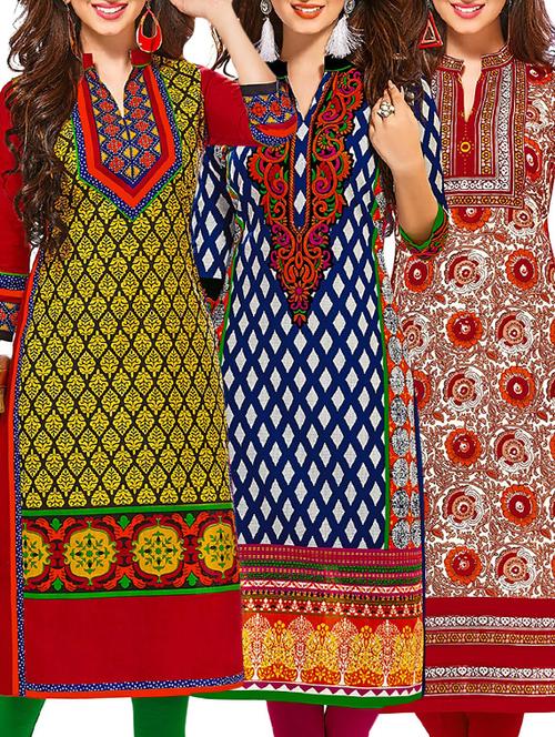 multi coloured cotton printed unstitched kurtas (set of 3) - 12521894 - Very Small Image - 1
