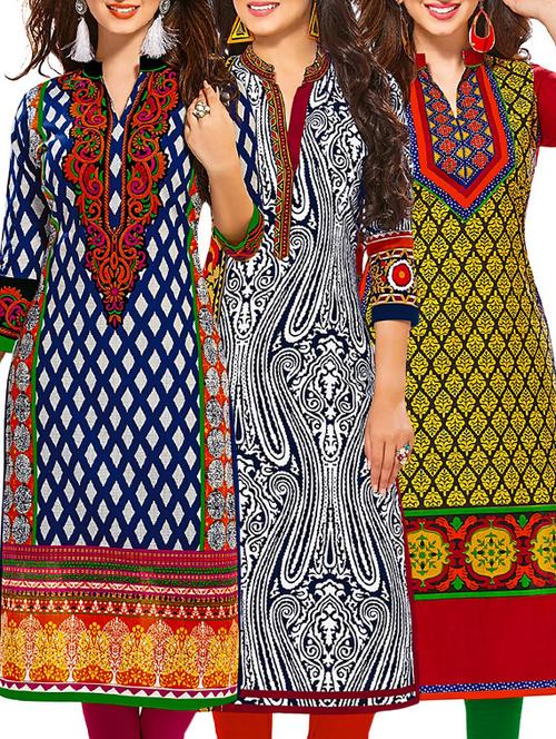 multi coloured cotton printed unstitched kurtas (set of 3) - 12521896 - Very Small Image - 1