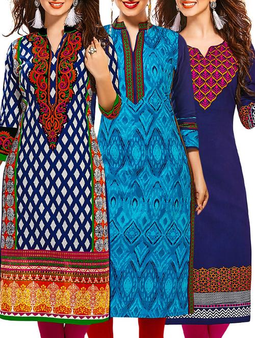 multi coloured cotton printed unstitched kurtas (set of 3) - 12521909 - Very Small Image - 1