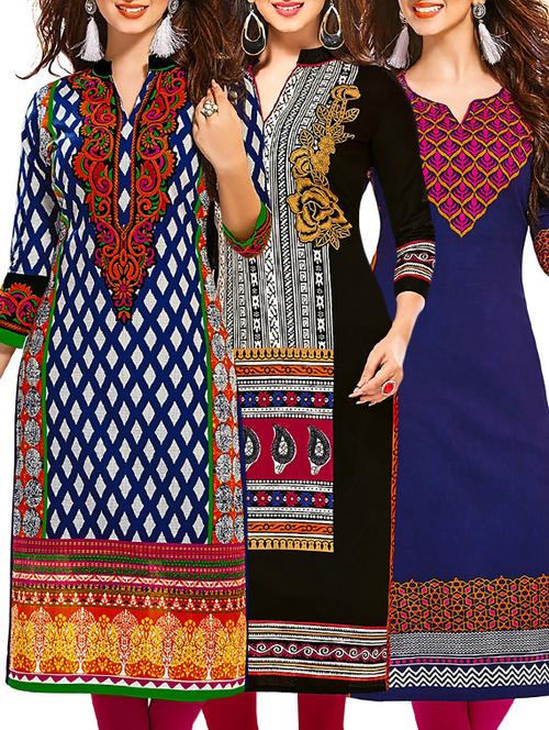 multi colored cotton printed unstitched kurtas (set of 3) - 12521913 - Very Small Image - 1