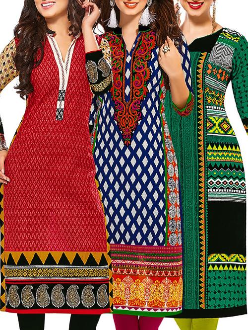 multi coloured cotton printed unstitched kurtas (set of 3) - 12521933 - Very Small Image - 1