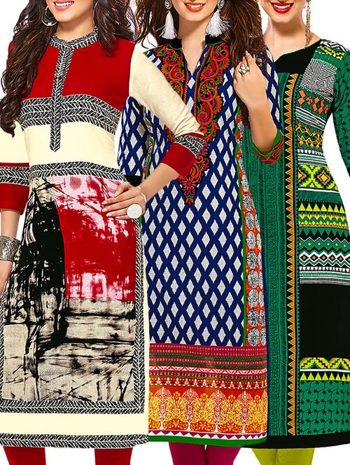 multi coloured cotton printed unstitched kurtas (set of 3) - 12521937 - Very Small Image - 1