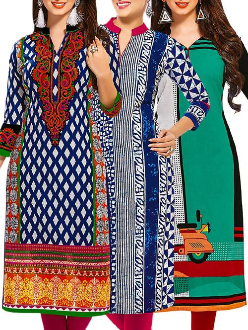multi coloured cotton printed unstitched kurtas (set of 3) - 12521950 - Very Small Image - 1