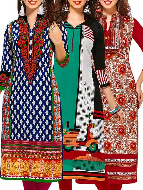 multi colored cotton combos kurti - 12521960 - Very Small Image - 1