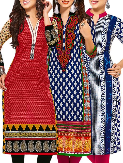 multi coloured cotton printed unstitched kurtas (set of 3) - 12521964 - Very Small Image - 1