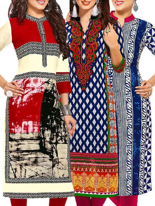 multi colored cotton printed unstitched kurtas (set of 3) - 12521991 - Very Small Image - 1