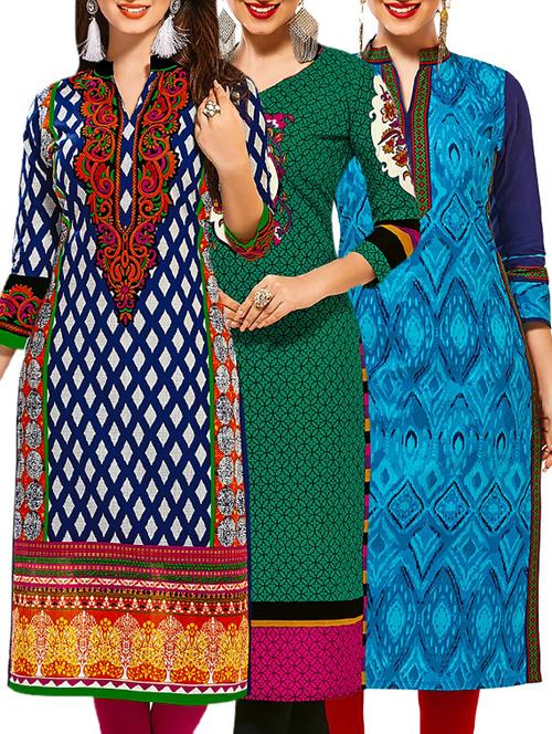 multi colored cotton printed unstitched kurtas (set of 3) - 12522007 - Very Small Image - 1