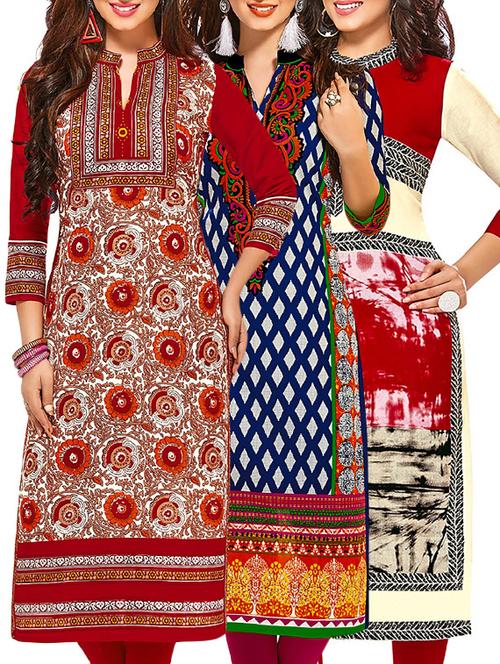 multi colored cotton printed unstitched kurtas (set of 3) - 12522020 - Very Small Image - 1