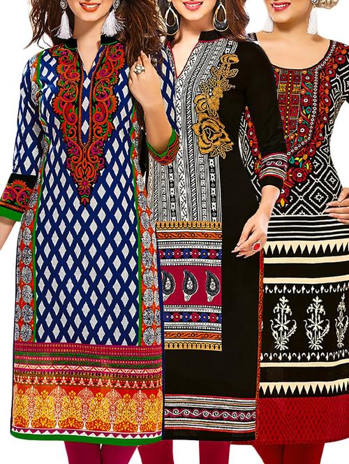 multi coloured cotton printed unstitched kurtas (set of 3) - 12522060 - Very Small Image - 1