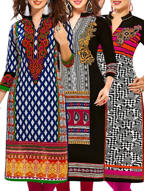 multi coloured cotton printed unstitched kurtas (set of 3) - 12522063 - Very Small Image - 1