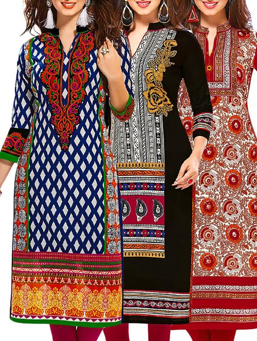 multi coloured cotton printed unstitched kurtas (set of 3) - 12522065 - Very Small Image - 1