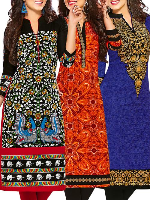 multi colored cotton printed unstitched kurtas (set of 3) - 12522079 - Very Small Image - 1