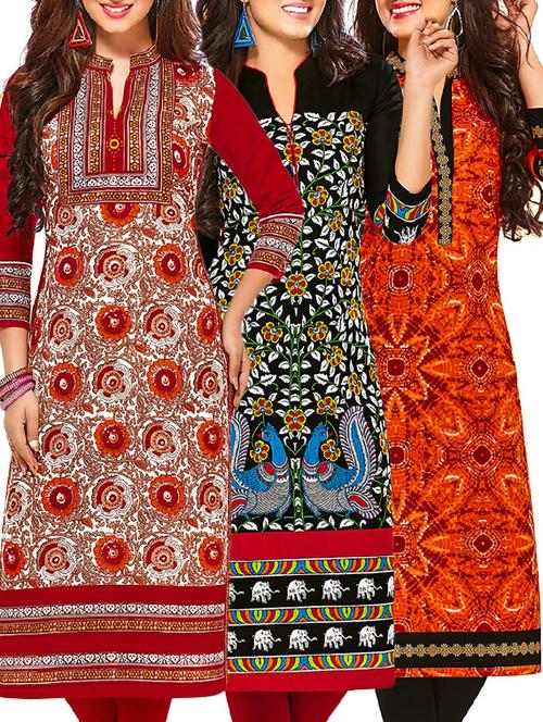 multi coloured cotton printed unstitched kurtas (set of 3) - 12522094 - Very Small Image - 1