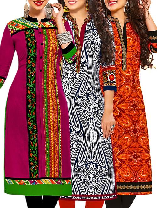 multi colored cotton printed unstitched kurtas (set of 3) - 12522151 - Very Small Image - 1