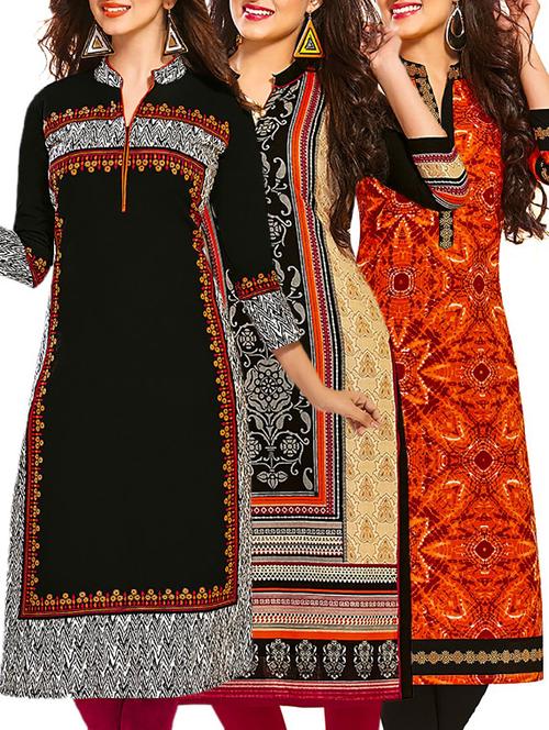 multi coloured cotton printed unstitched kurtas (set of 3) - 12522157 - Very Small Image - 1