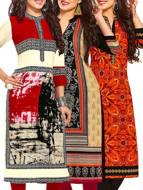 multi colored cotton printed unstitched kurtas (set of 3) - 12522167 - Very Small Image - 1